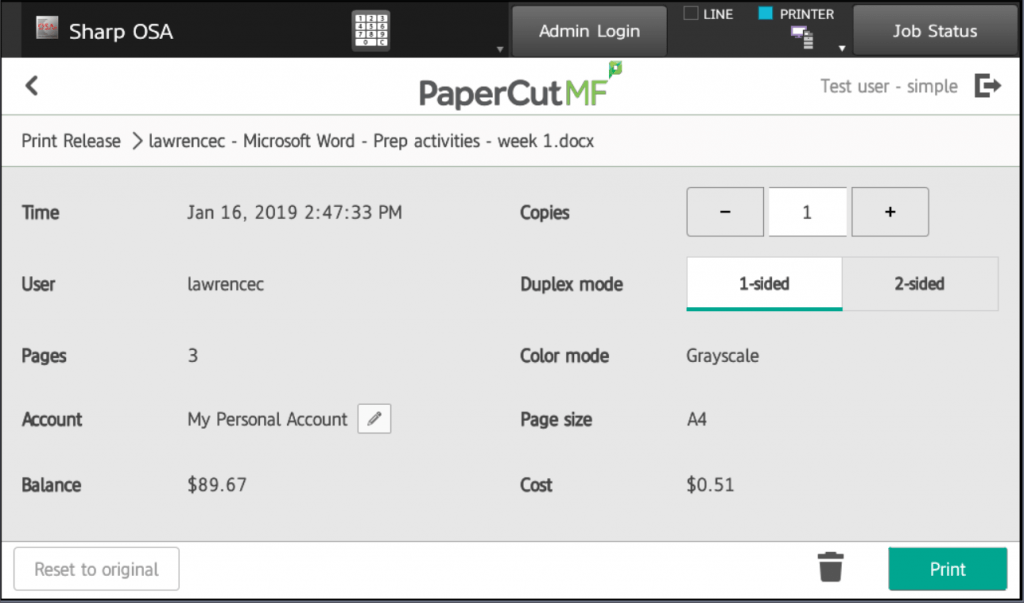 PaperCut Sharp Print job details