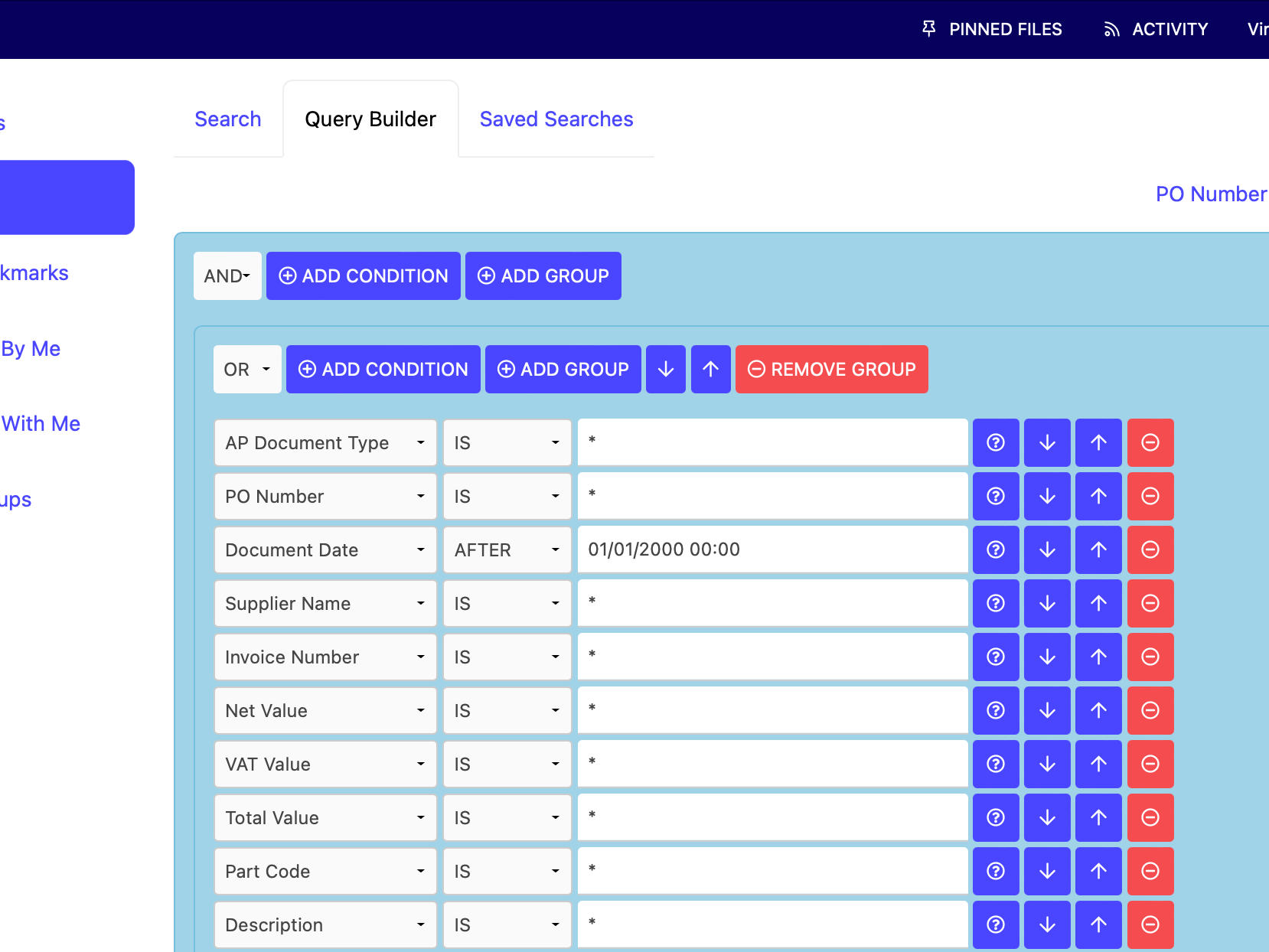 Foldr's UI showing how to build search queries in Captur